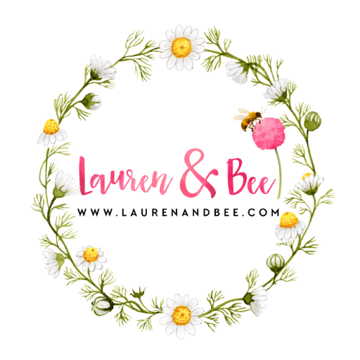 Words Lauren & Bee and website link www.laurenandbee.com surrounded by a green wreath with daisies