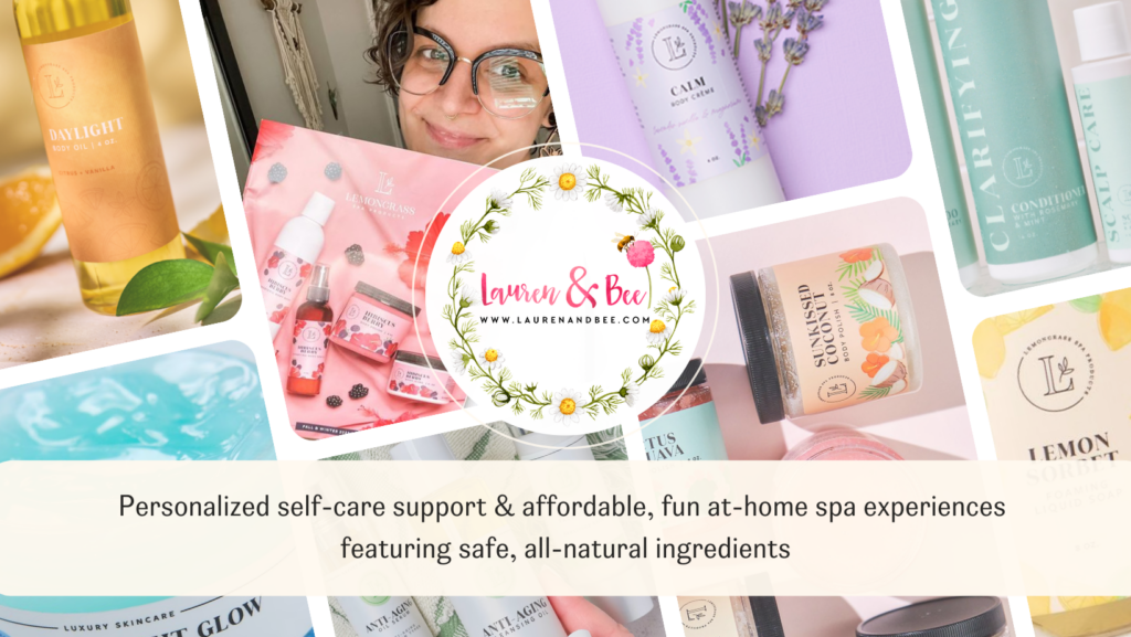 Banner showing Lauren, Lemongrass Spa products, and the mission of Lauren & Bee